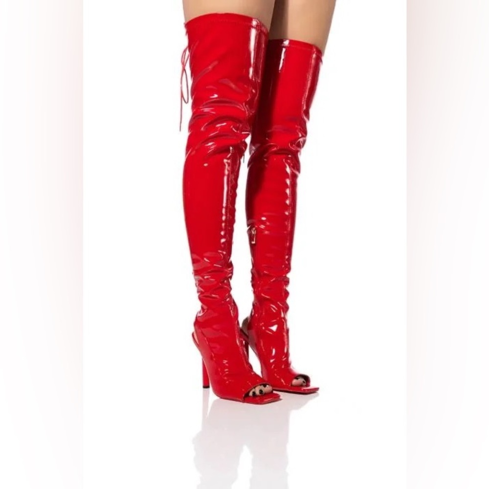 SEXY PATENT OPEN TOE BOOT IN RED